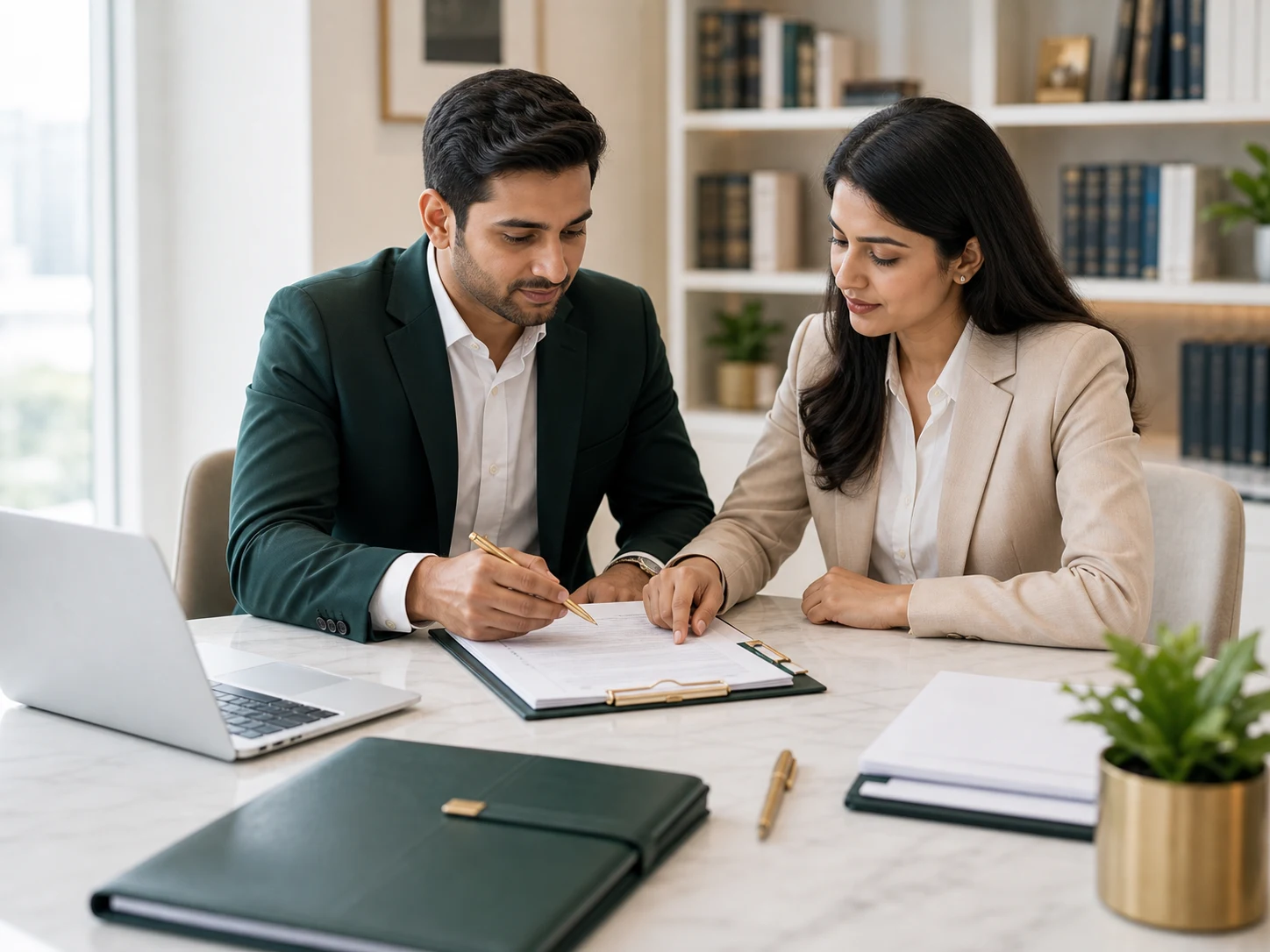 Two professionals reviewing a contract