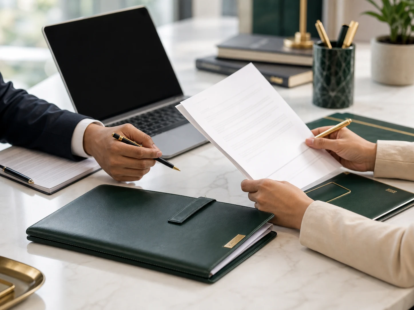 Business team reviewing contracts