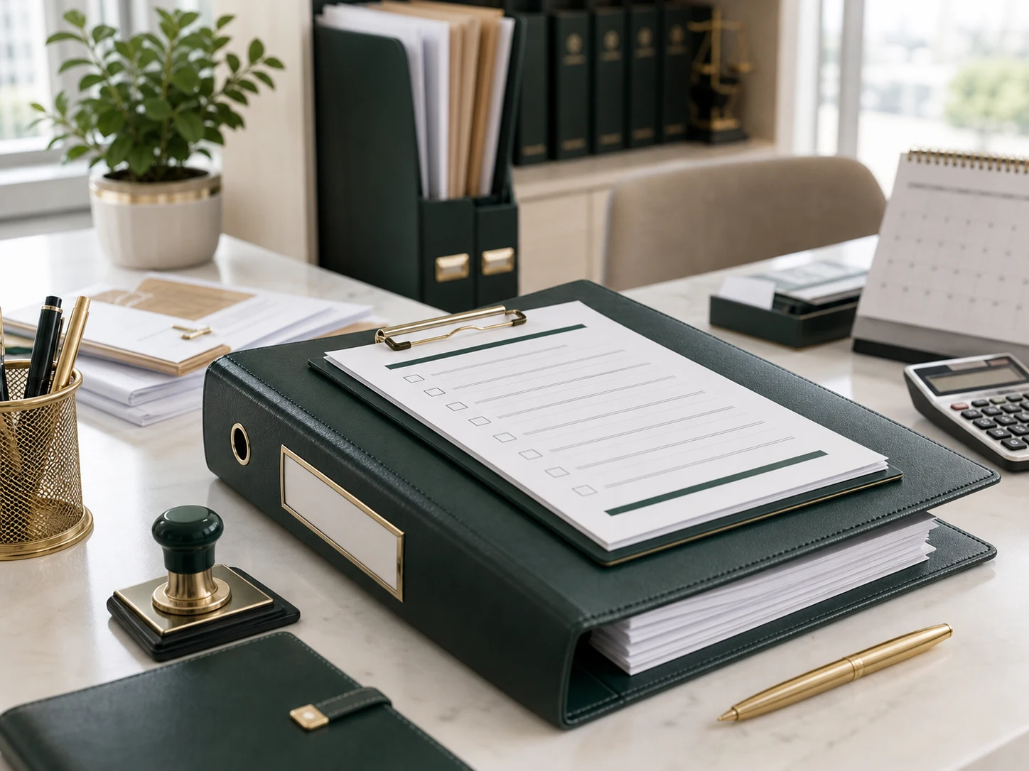 Compliance binders and filing checklist on a desk