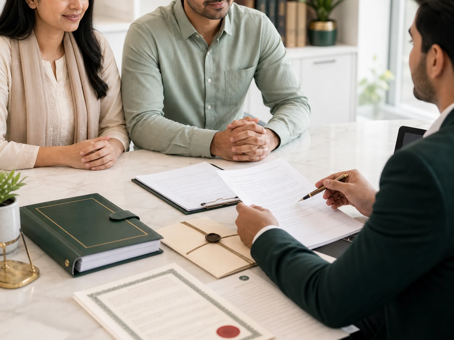 Family discussing legal paperwork with a consultant