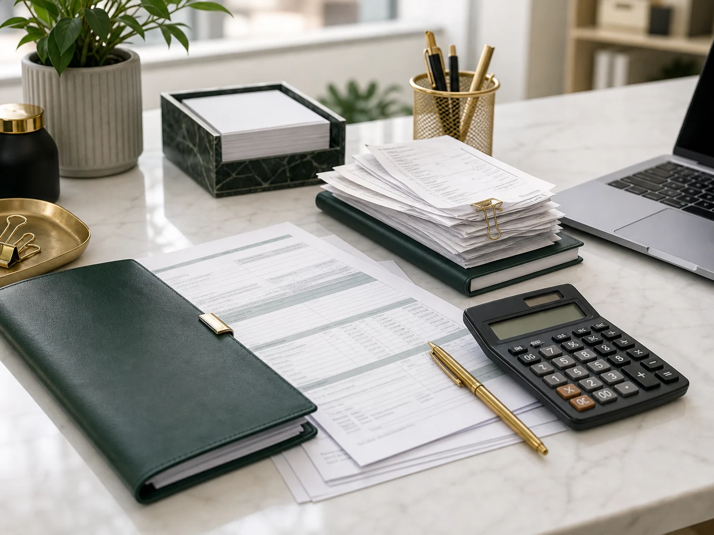 Tax forms and calculator on a desk